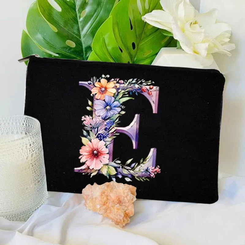 trousse toilette toile noire initiale fleurs maquillage femmes voyage sac cosmétiques intérieur uni poignée glissière