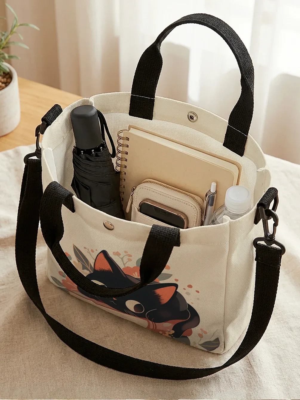 sac fourre-tout à imprimé floral avec chat noir mignon empilé sur des livres, sac à bandoulière détachable pour femme, idéal pour le shopping quotidien
