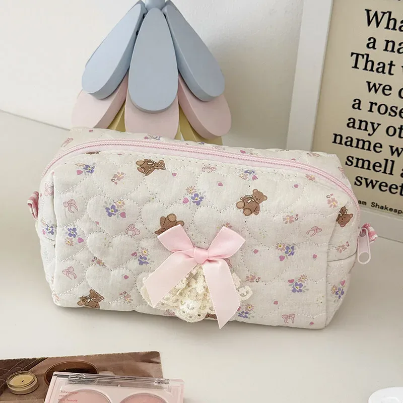 sac de rangement de cosmétiques en forme de cœur rose, pochette de maquillage esthétique mignonne avec garniture en dentelle, sacs de rangement de cosmétiques vintage de grande capacité