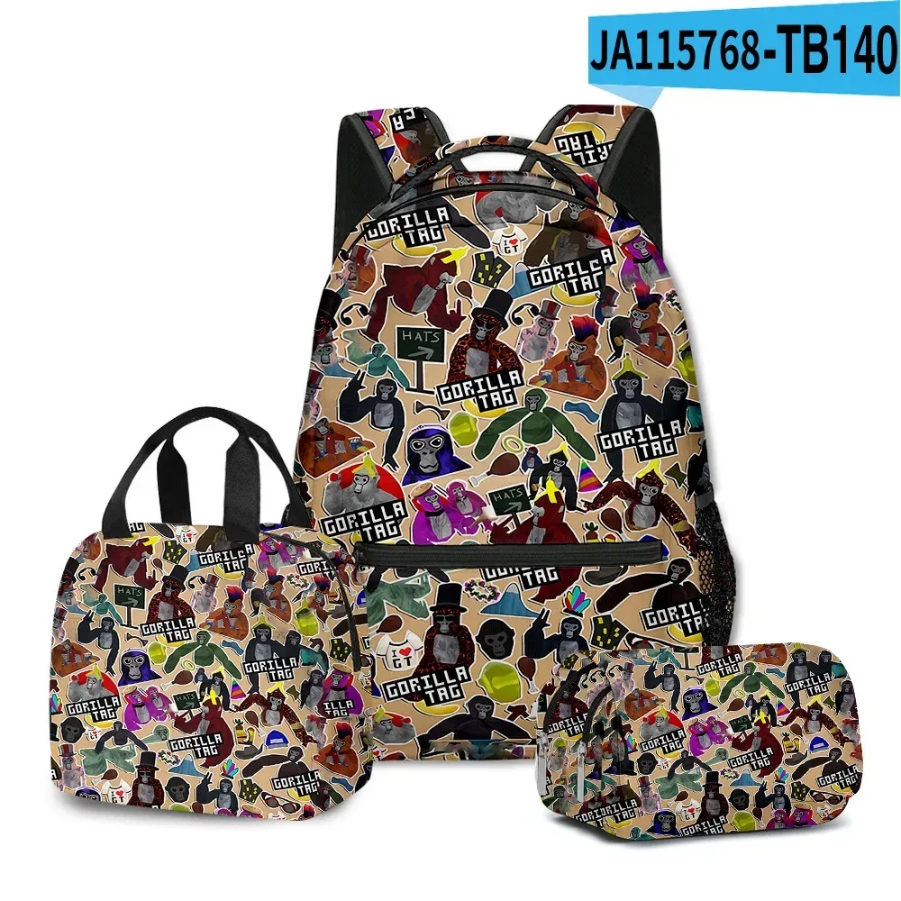 sac à dos d'école pour étudiants, sac à dos portable pour ordinateur portable, sac à déjeuner portable, trousse à crayons, imprimé 3d, motif gorilla classique, populaire et amusant, 3 pièces/ensemble