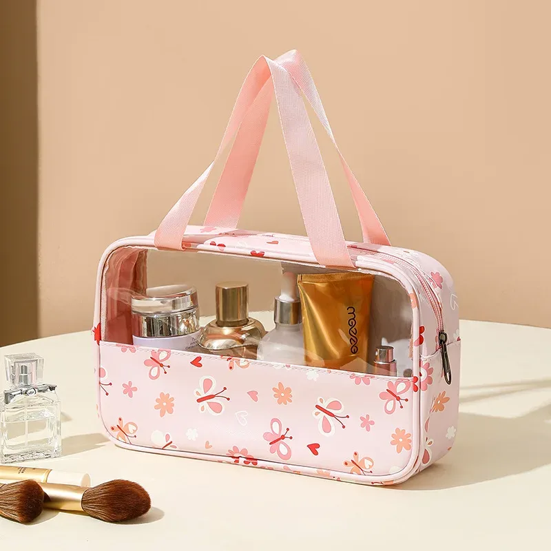 4 pièces sac de maquillage en pvc fleur imprimé sac à main de lavage transparent pochette cosmétique de voyage étanche trousse de toilette pratique porte-monnaie