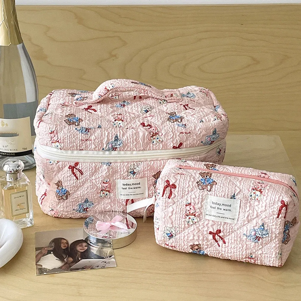 sac de maquillage rose mignon pour filles, fourre-tout portable, pochette cosmétique, sac à main de personnalité pour dames, sac de maquillage matelassé à fermeture éclair