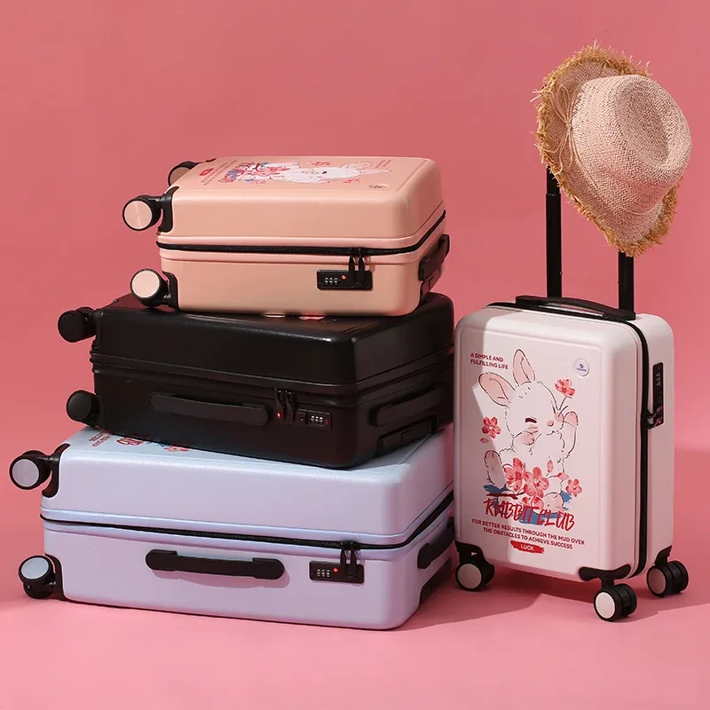 valise plastique abs beige noir gris lapins fleurs roses voyage école enfants toupie roulettes poignées