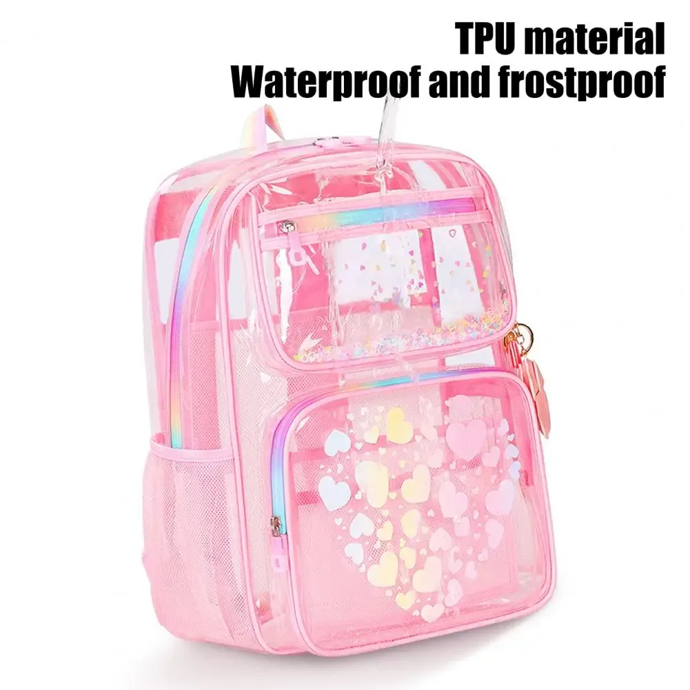 sac à dos transparent pour l'école, sac à dos imperméable avec imprimés en forme de cœur, compartiment principal, poches avant à fermeture éclair pour garçons et filles