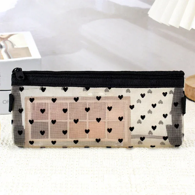 trousse de maquillage en maille transparente, trousse de maquillage cosmétique, porte-pinceau de maquillage, jolie fermeture éclair transparente, étui à crayons imprimé cœur noir, trousse à poudres