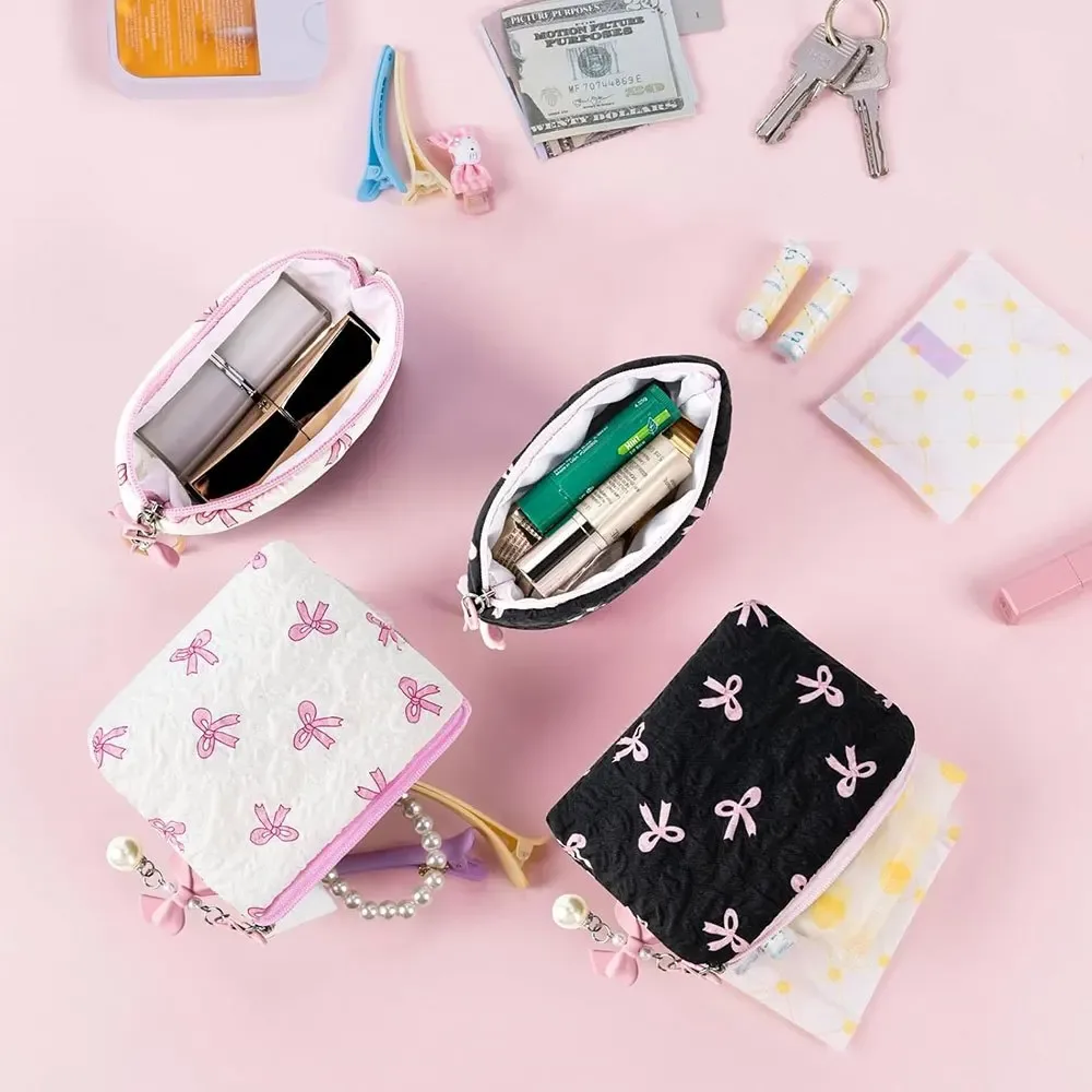 mini trousse de maquillage bow pour femme, sac de toilette de voyage, jolie pochette à monnaie, étui léger pour rouge à lèvres, sac de rangement gaufré