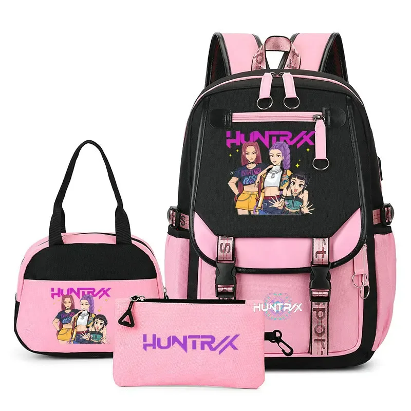 sac à dos kpop demon hunter pour adolescents, cartable de grande capacité, 3 pièces/ensemble avec sac à lunch pour femmes, étudiants, décontracté, confortable, pour voyage, mochilas