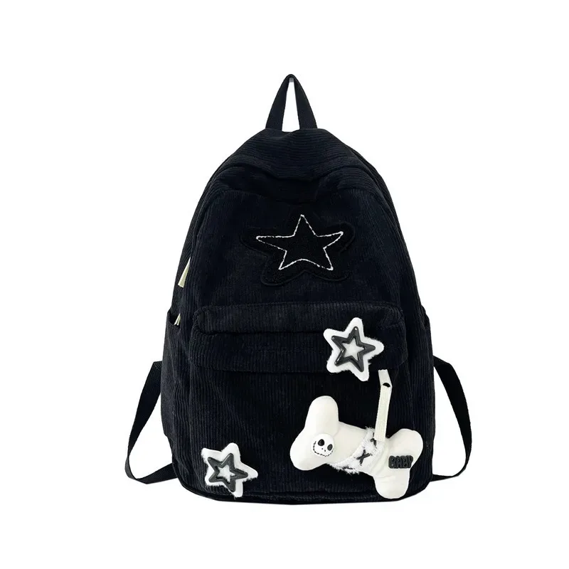 sac à dos coréen y2k harajuku en velours côtelé avec patch étoile noir et blanc, style gothique, poupée tête de mort, mignon, streetwear japonais, pour étudiantes et adolescentes