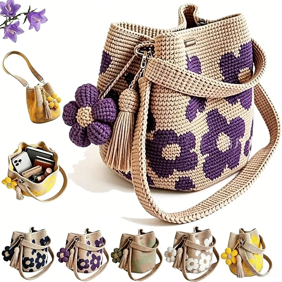 sac fourre-tout en crochet fait main avec fleurs, sac à main floral tricoté, sac de plage tissé style bohème