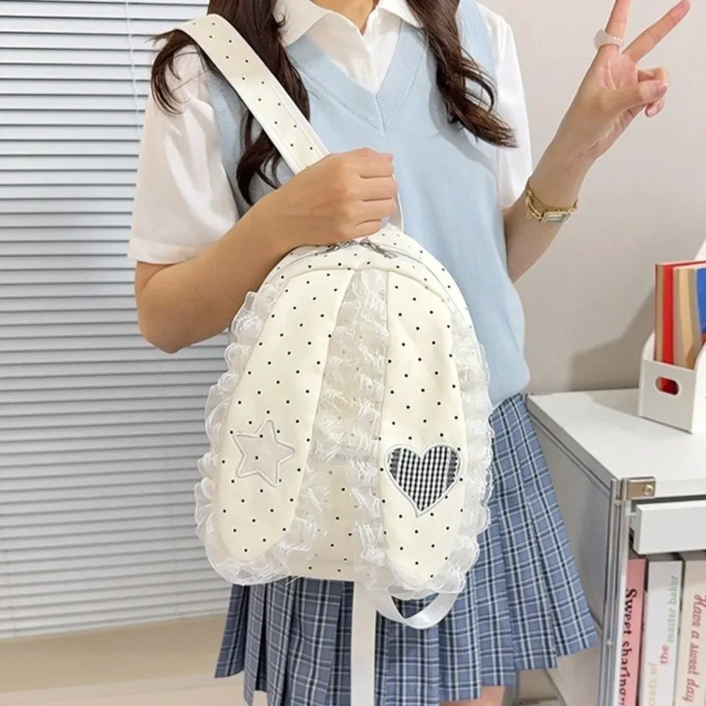 sac à dos décontracté à oreilles de lapin style coréen, motif cœur, grande capacité, en nylon à pois, pour l'école et l'extérieur
