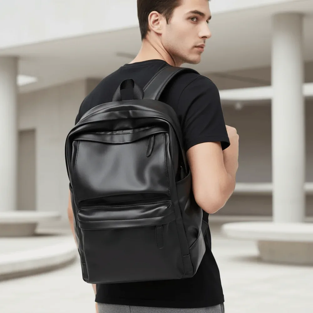 sac à dos en cuir pvc pour homme, bretelles rembourrées, résistant à l'eau, sac d'école pour ordinateur portable, finition noire, double compartiment latéral