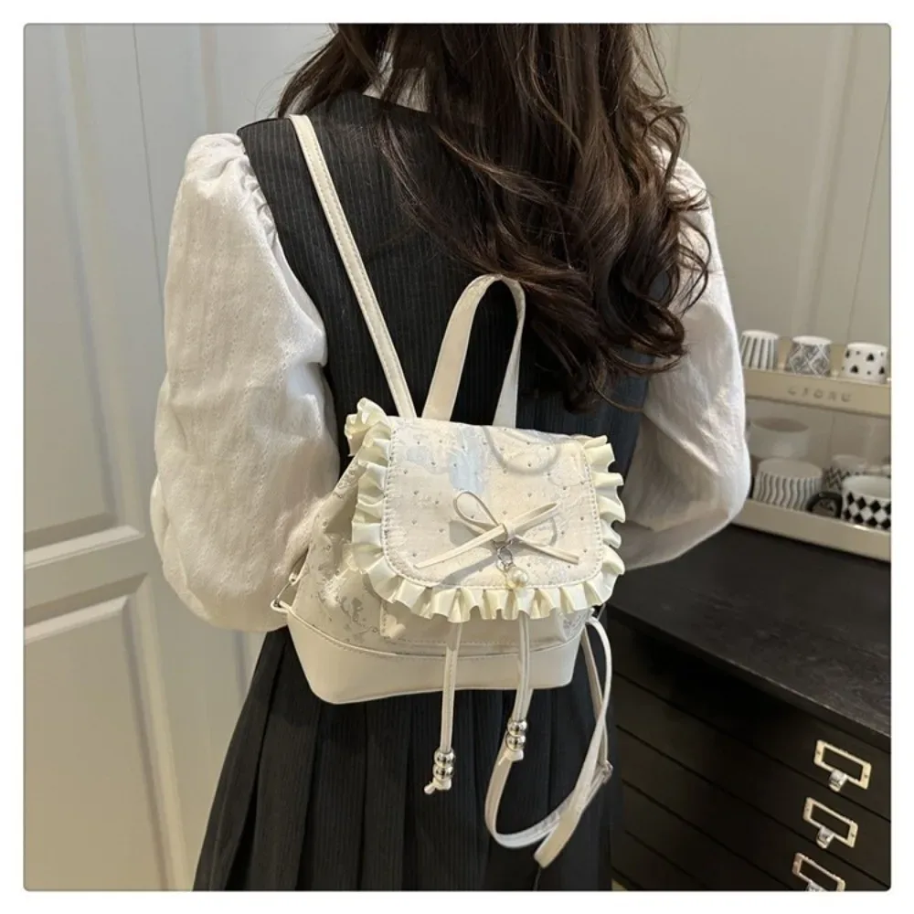 sac à dos mini léger à nœud papillon et dentelle tendance, motif pois, petit sac à livres pour femme