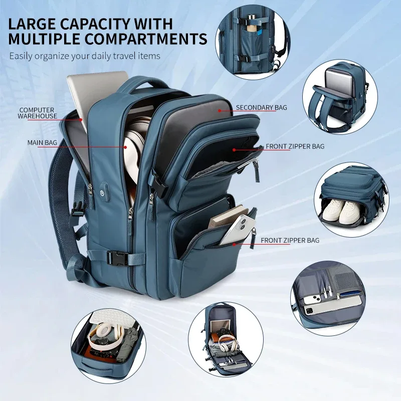 grand sac à dos de voyage pour femmes et hommes, sac de cabine multifonctionnel pour avion, étanche, avec chargeur usb, antivol