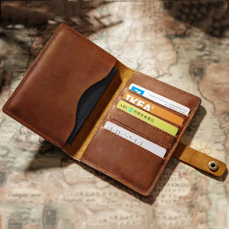 portefeuille de passeport en cuir crazy horse – organiseur de voyage rétro, porte-billet multifonction bloquant rfid pour hommes et femmes