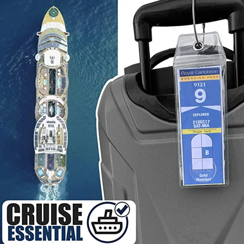 étiquette bagage pvc transparent bleu blanc voyage croisière anneau métallique fermeture glissière lot cinq pièces identification valise nom adresse