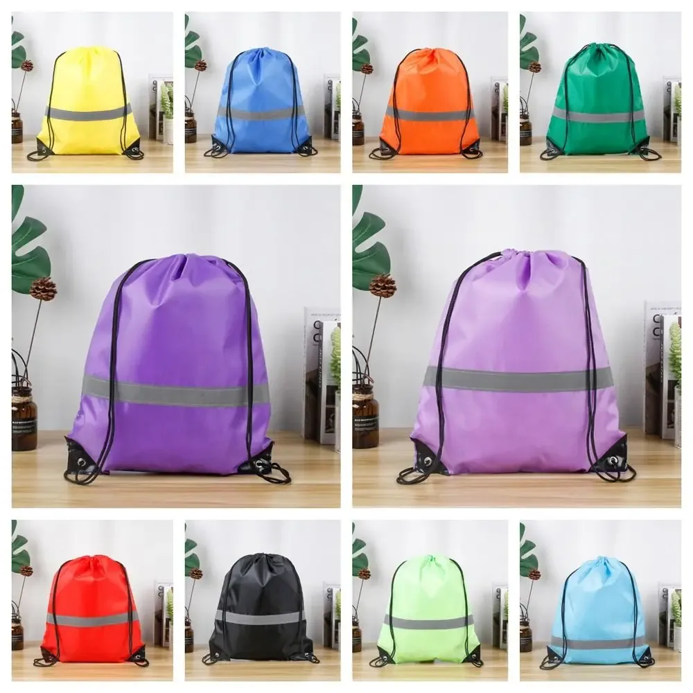 sac à dos de sport à rayures réfléchissantes, cordon de serrage, polyester 210d, couleur unie, sac à bandoulière de sport en nylon, étanche et portable
