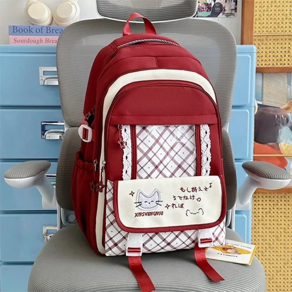sac à dos en nylon ajouré color-block, grande capacité, mignon, style preppy, transparent, à motif chat et écossais, pour l'école et le shopping