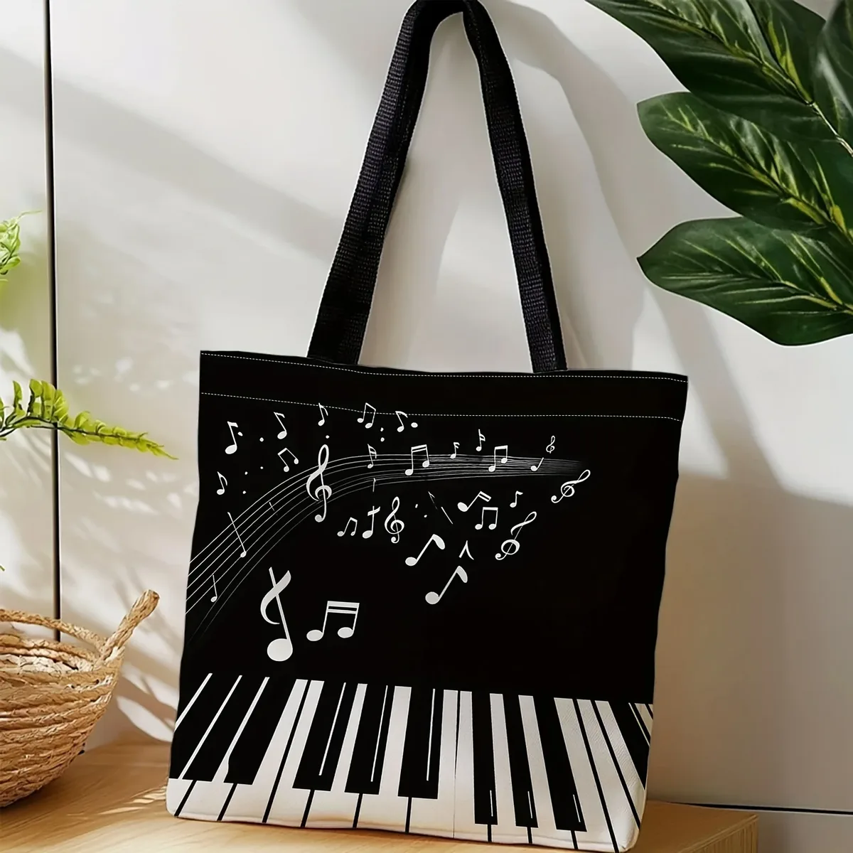 sac fourre-tout réutilisable beige avec imprimé notes de musique et touches de piano, sac à main pour musiciens et enseignants, pochette à bandoulière