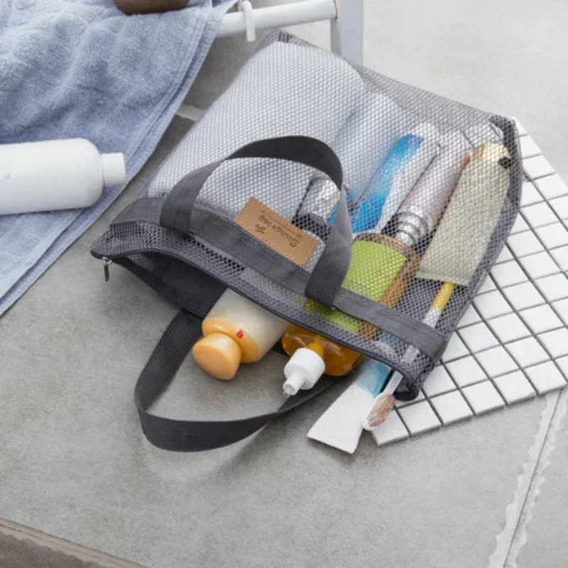 sacs de rangement de maquillage et de toilette en maille, sacs à main portables de voyage plage lavage outils de douche organisateur fourre-tout pochette de rangement de cosmétiques