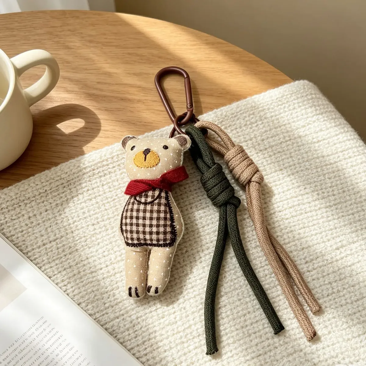 breloque de sac ourson en tissu mignon avec écharpe et clip en corde tressée pour sac à main, sac à dos, sac fourre-tout, décoration et cadeau