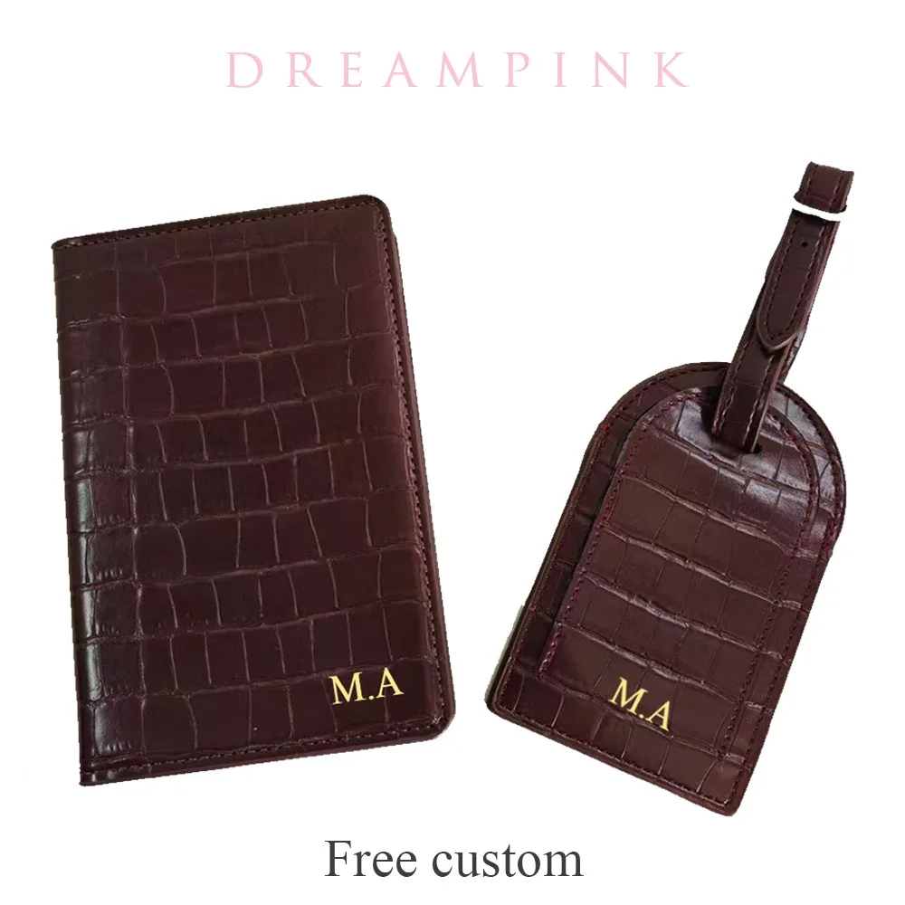 ensemble de porte-passeport et étiquette de bagage en cuir pu, motif crocodile, personnalisable avec lettre, accessoires de voyage de luxe