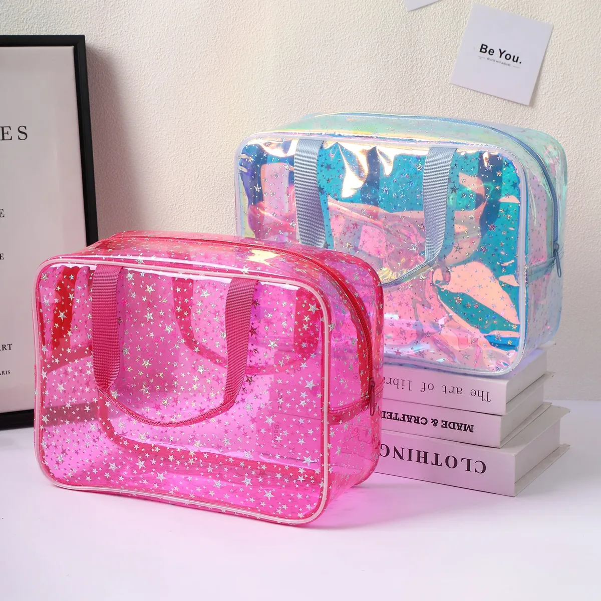 trousse de maquillage transparente grandes étoiles, avec sangle portable, trousse de toilette étanche en pvc, sac organisé pour cosmétiques, sac de voyage transparent