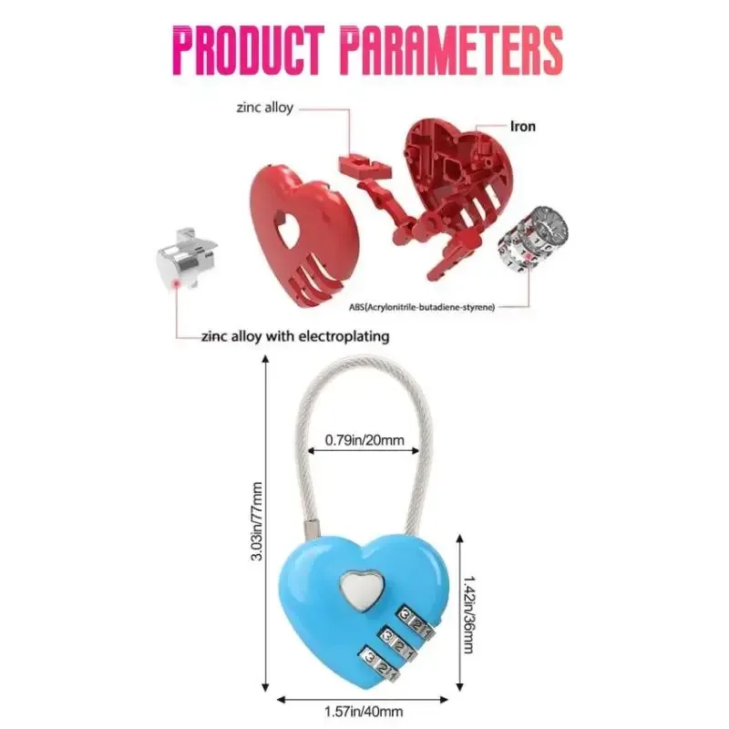 cadenas serrure tsa code trois chiffres forme coeur mettre plastique brillant noir bleu rose rouille resistant durable usage voyage