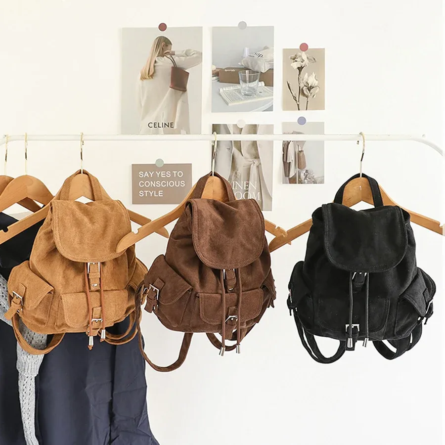sac à dos en daim noir pour femme, sac à bandoulière décontracté pour trajets quotidiens, sac de voyage polyvalent pour femme, sac d'école, mochilas, bolsa