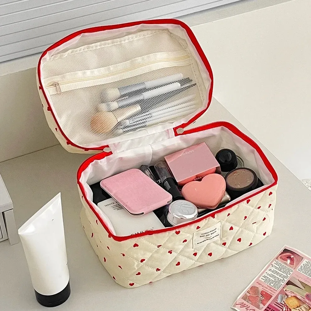 mode ins coeur femmes quilting sac de maquillage grande capacité toilette cosmétique pochette de rangement sac à main dames fermeture éclair sac de maquillage