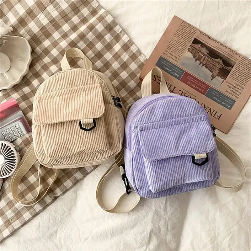 mini sac en velours côtelé brodé pour femmes, simple, couleur unie, mode filles, petit sac à dos de voyage en plein air pour dames