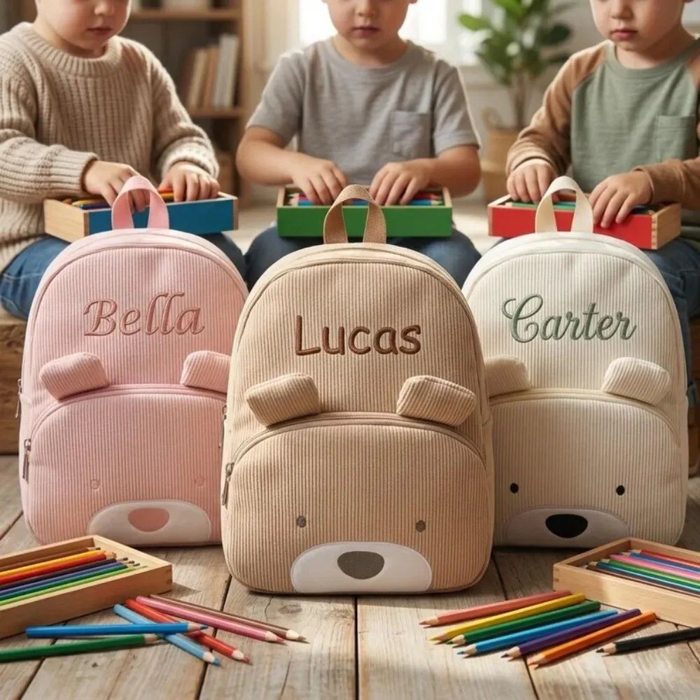 sac à dos personnalisé pour tout-petit avec nom brodé, motif ours de dessin animé, en velours côtelé, grande capacité, sac en peluche