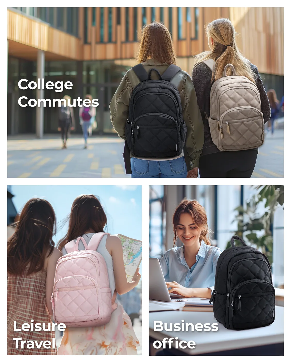 sac dos nylon rose noir géométrique poches latérales fermeture éclair usage voyage femmes courbe physiologique