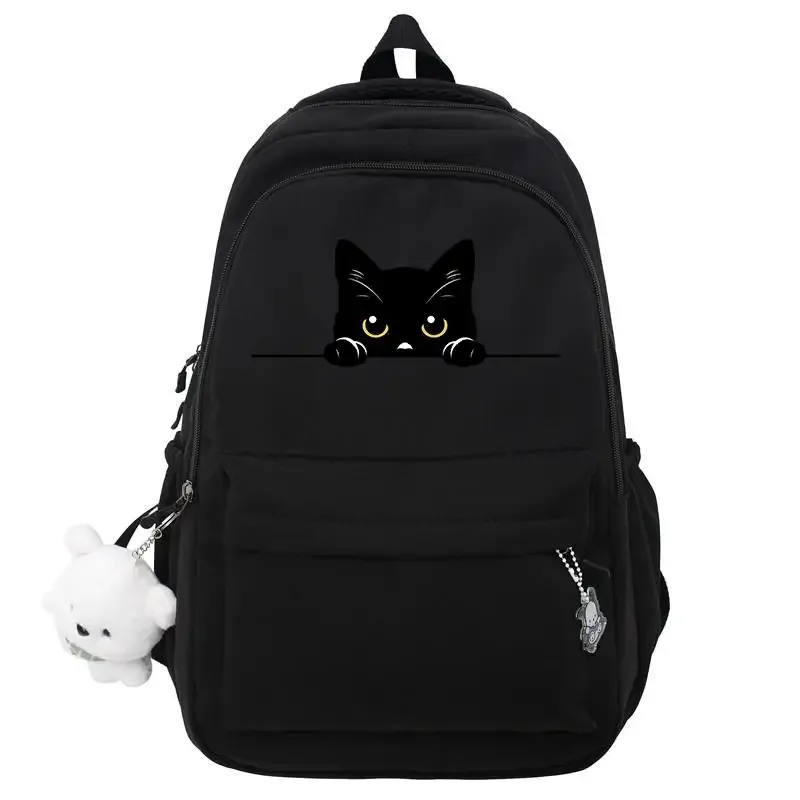 sac dos nylon noir dessin animé chats ours bandoulière arquée compartiment intérieur voyage école adolescents femmes hommes