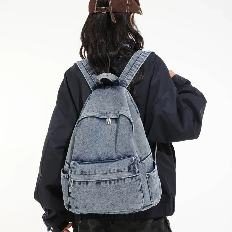 sacs à dos en jean solide pour femmes et unisexe, sacs de loisirs ou de voyage en toile lavée, sacs d'école 100% coton, sacs à bandoulière style preppy pour femmes