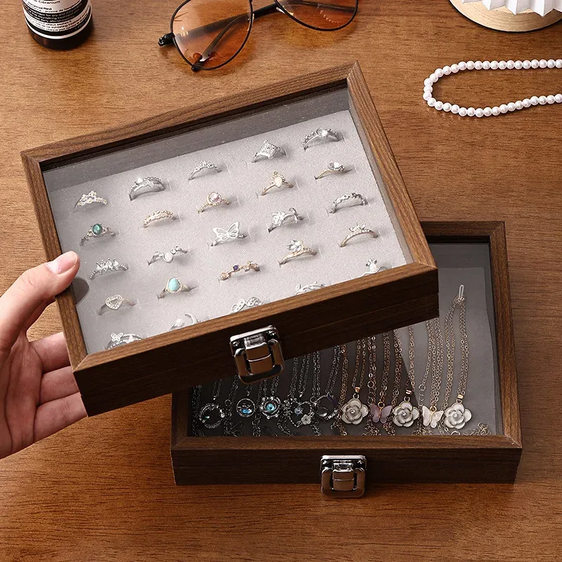 boîte à bijoux motif noyer avec couvercle, étui de rangement pour bagues, boucles d'oreilles, bracelets, chaînes, plateau de présentation en bois dur de style décontracté