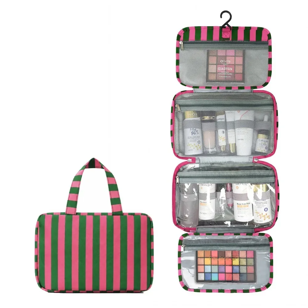 trousse de toilette rayée à 4 compartiments, pochette pliable rayée avec crochet | sacs de toilette de voyage pour armoire, placard, douche, valise