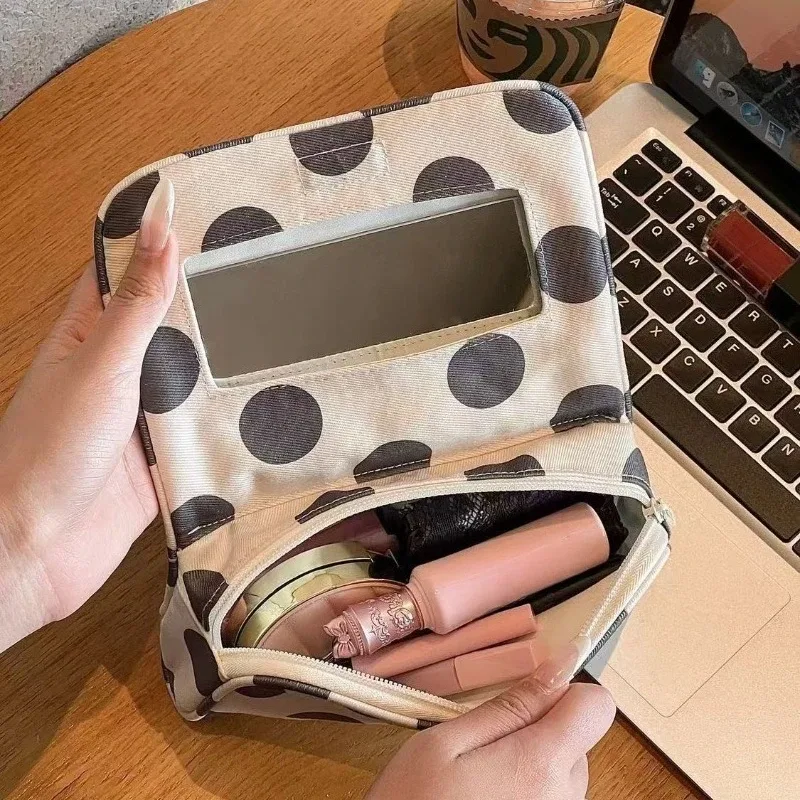 Grande trousse à cosmétiques à pois, grande capacité, pochette de rangement pour maquillage, sac de voyage portable avec miroir pour femmes