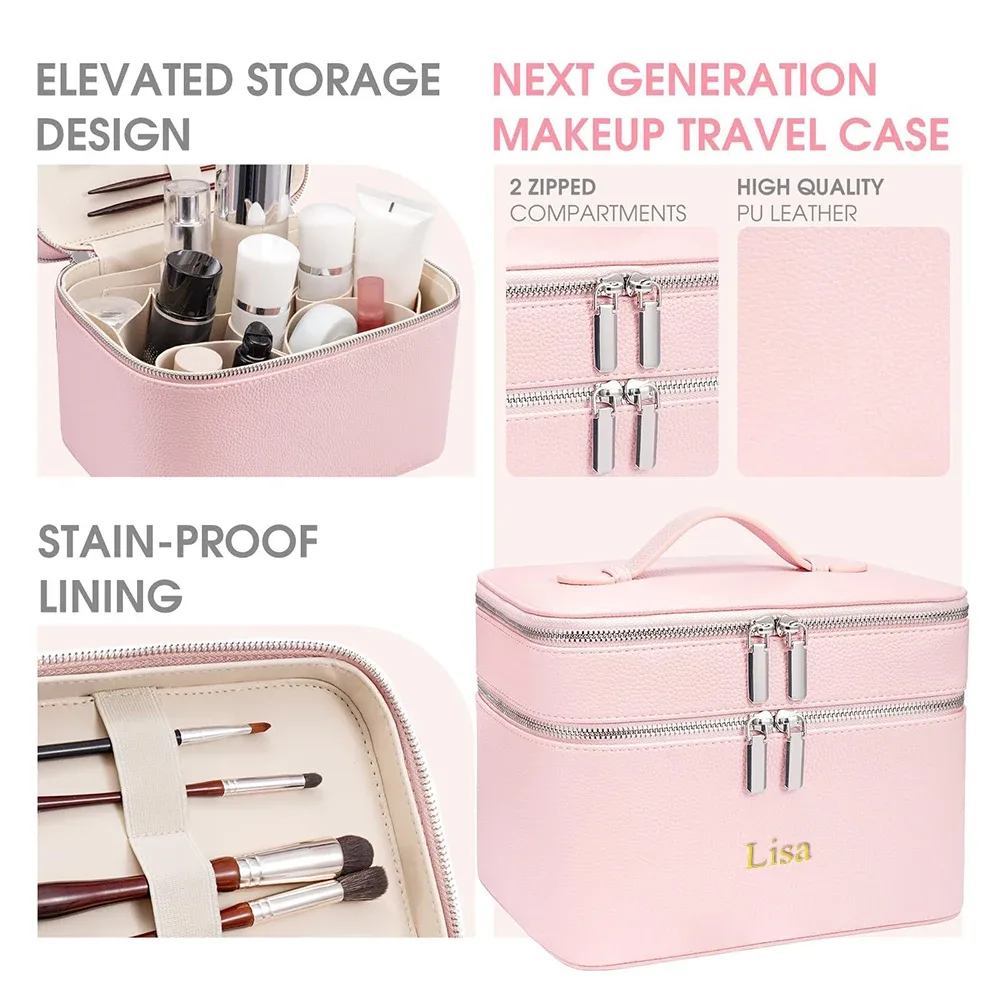 sac de maquillage professionnel portable à double couche personnalisé avec nom, trousse de soins de la peau, boîte de rangement pour produits de beauté, sac de maquillage multi-compartiments