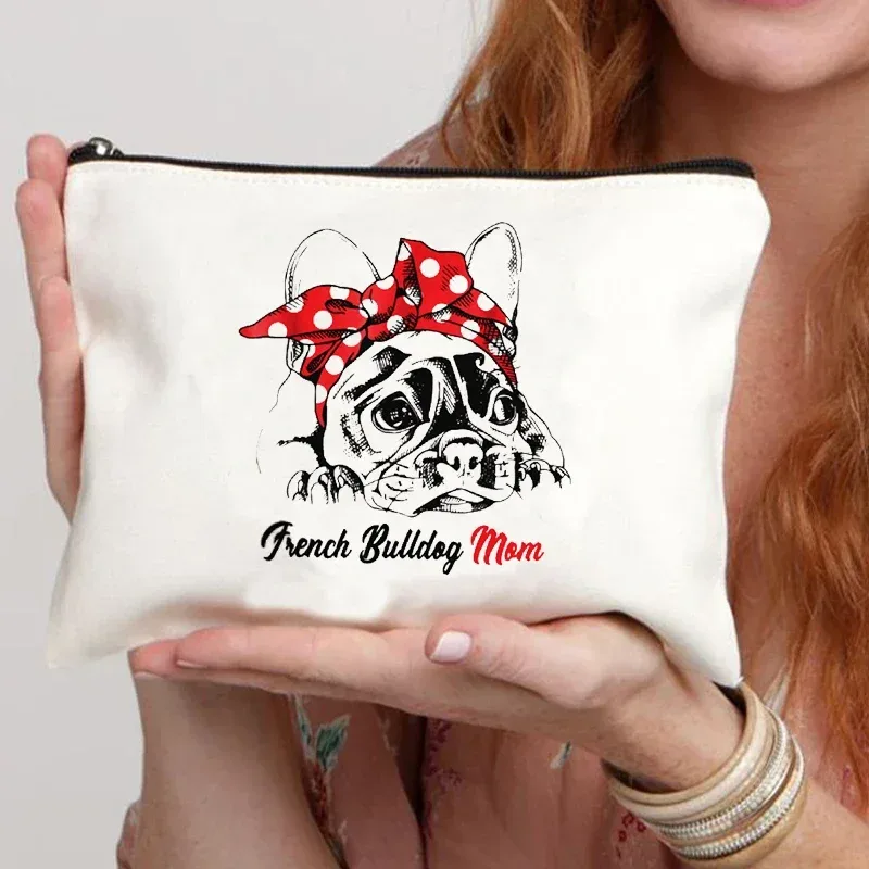 trousse de maquillage en toile pour femme, trousse de toilette, valise professionnelle, impression de dessin animé, bouledogue français, drôle