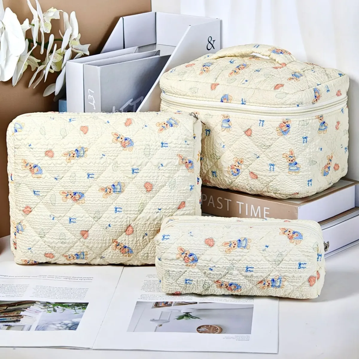 trousse de maquillage à imprimé floral de grande capacité, sac de rangement de cosmétiques de voyage portable, sac de style urbain simple avec doublure en polyester pour femmes