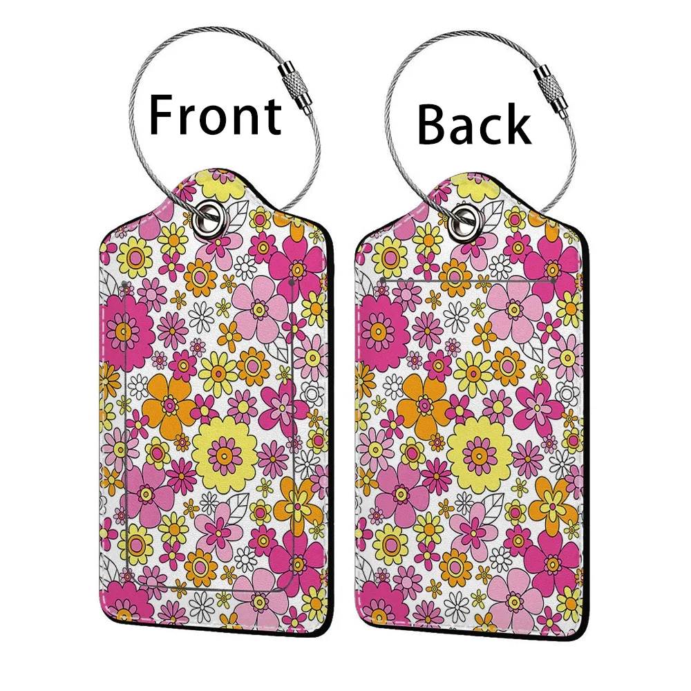 étiquette bagage polyuréthane motif floral subtil fond beige anneau métallique voyage affaires identification nom adresse