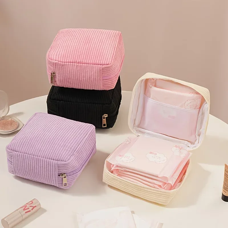 nouvelle trousse de maquillage en velours côtelé, pochette de rangement portable de grande capacité pour cosmétiques, pièces de monnaie et serviettes hygiéniques