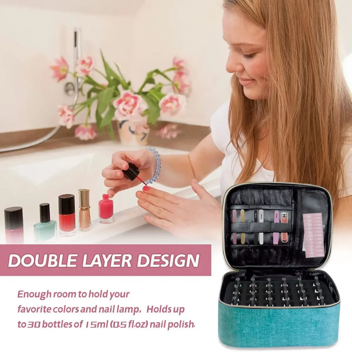 organisateur de vernis à ongles, sac fourre-tout à double couche pour filles et femmes, nail art, huile essentielle, ensemble de cosmétiques