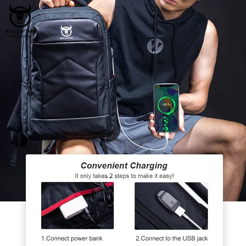 bullcaptain-sac à dos multifonction pour homme, chargement usb, mode business, décontracté, voyage, antivol, étanche, ordinateur portable 15.6 pouces