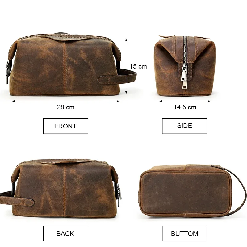 contact's crazy horse – trousse à cosmétiques en cuir pour hommes, trousse de toilette, pochette de maquillage pour hommes, rangement de lavage de voyage vintage, grande capacité