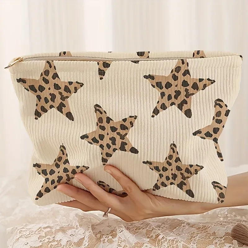 sac à cosmétiques en velours côtelé imprimé mignon, grande capacité, pochette de rangement de maquillage portable pour femmes et filles