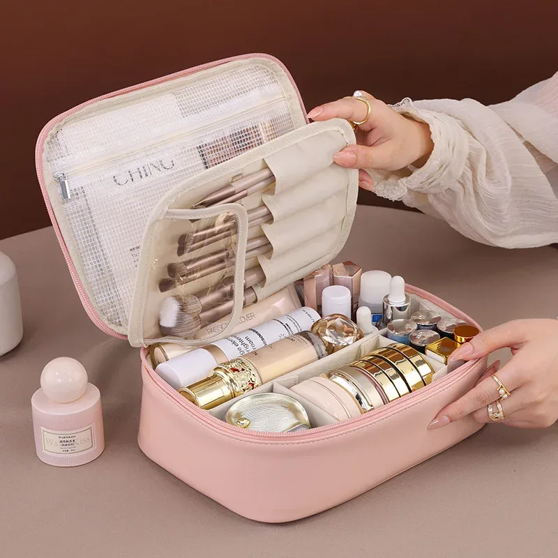 sac de maquillage fourre-tout de grande capacité en pu, organisateur de voyage, sac de rangement de cosmétiques, trousse de luxe pour femmes, pochette double couche, vente en gros