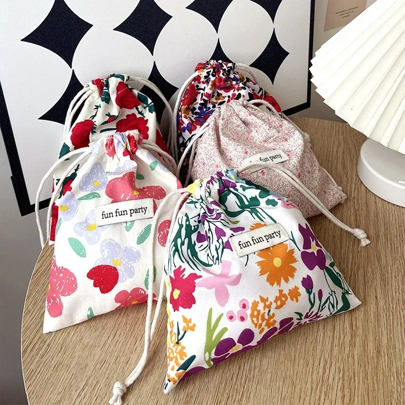 sac de rangement floral en coton et lin pour femme, pochette de maquillage mignonne, rangement de proximité, finition, poudres, bonbons, bijoux, cadeau de noël