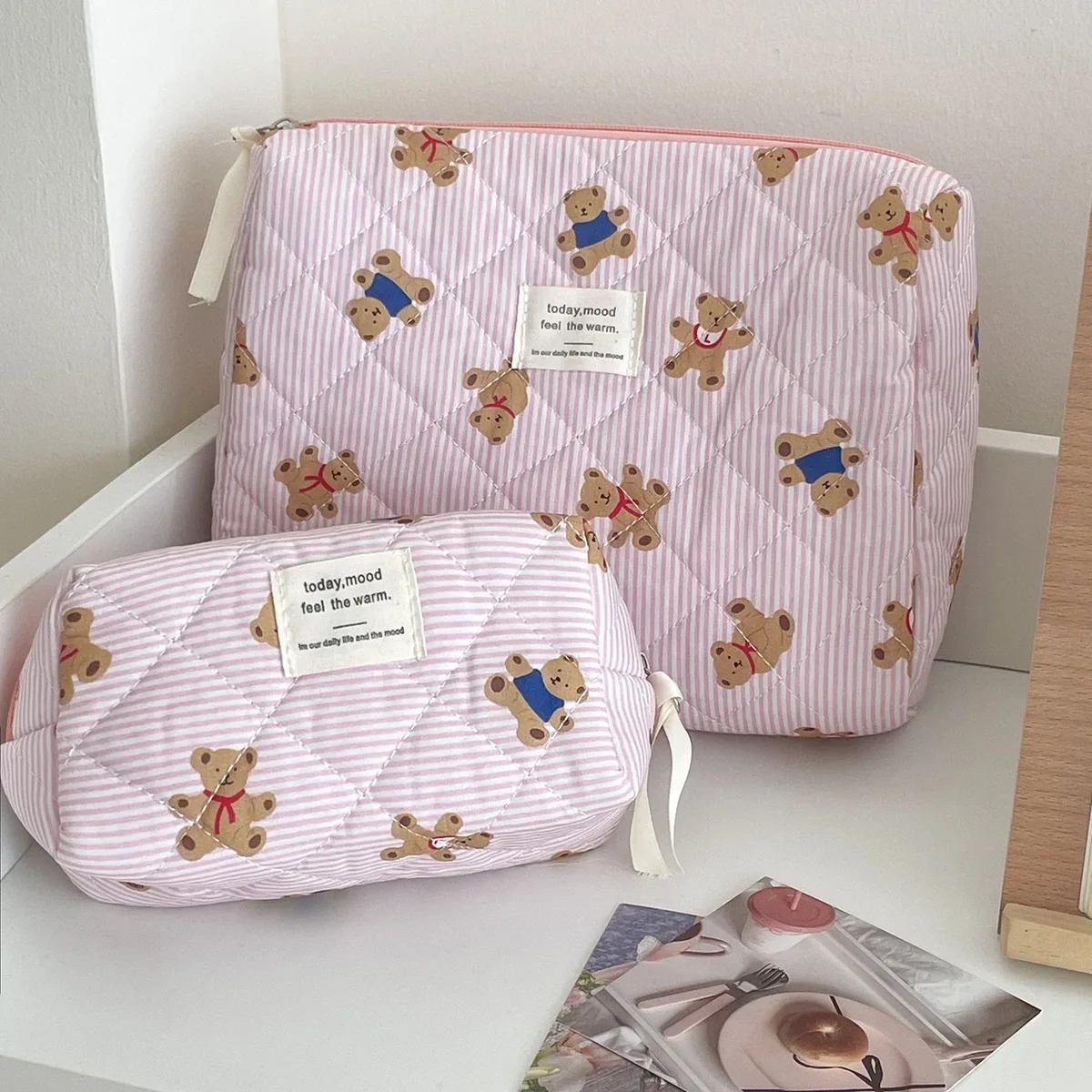 sac à cosmétiques motif ours rose beige pour femmes, joli organisateur de voyage de maquillage à fermeture éclair, sac à main féminin, pochette de toilette pour filles