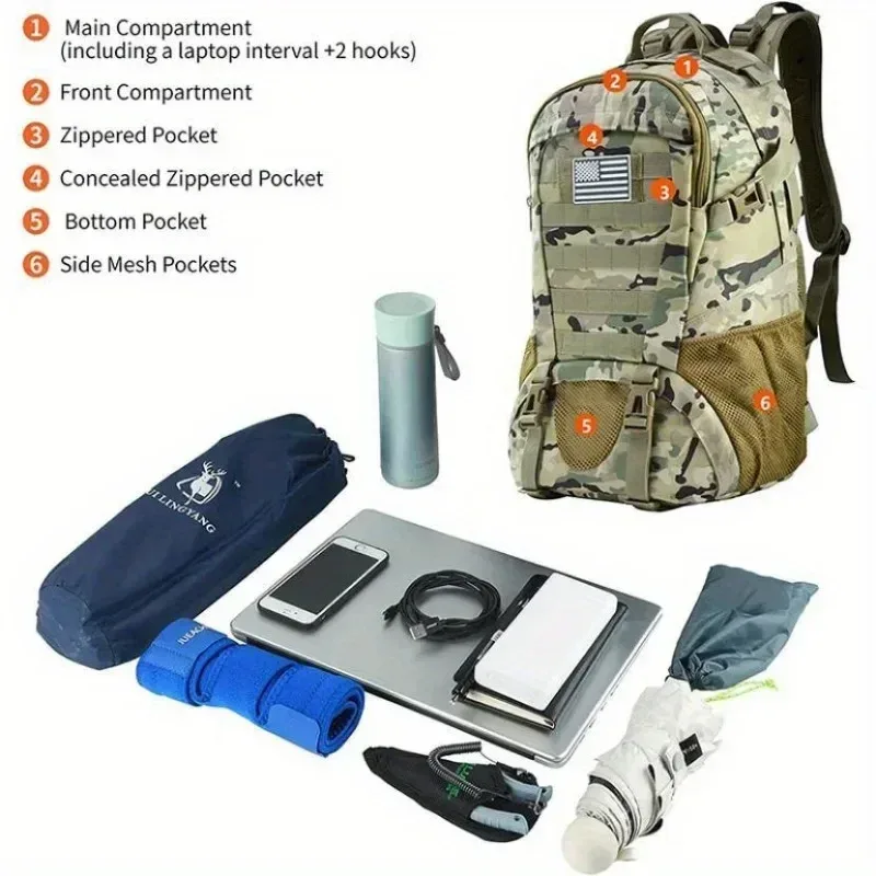 sac dos nylon béige tache camouflage pochette avant zippée banderole américaine voyage plein air randonnée camping chasse escalade